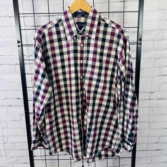 Alan Flusser Men’s Large Gingham Button-Down Shirt – Purple Navy Plaid, 100% Cot - Picture 1 of 8